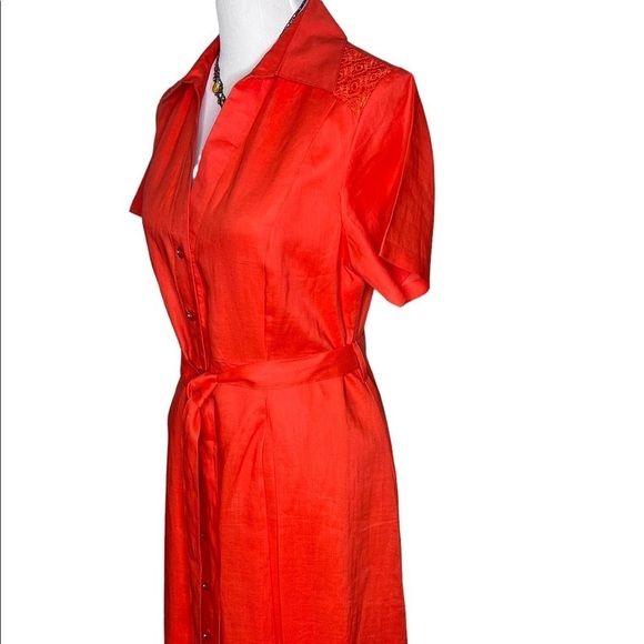 Lino USA Red Linen V-Neck Button Down Short Sleeve Belted Midi Shirt Dress Sz S - Picture 4 of 16